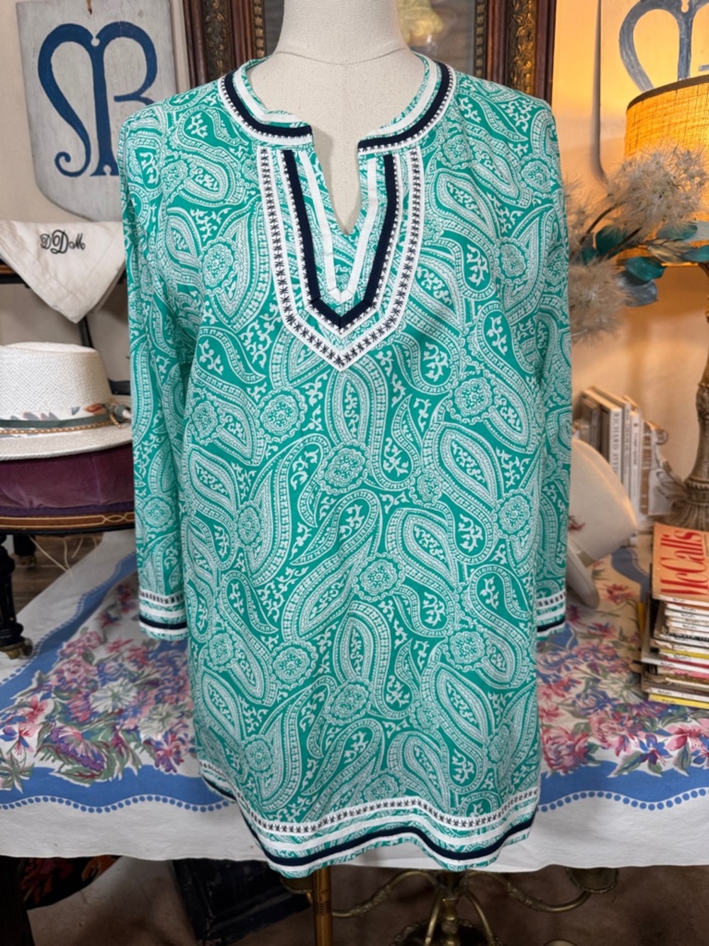 Talbots Teal Paisley Embroidered V-Neck Tunic